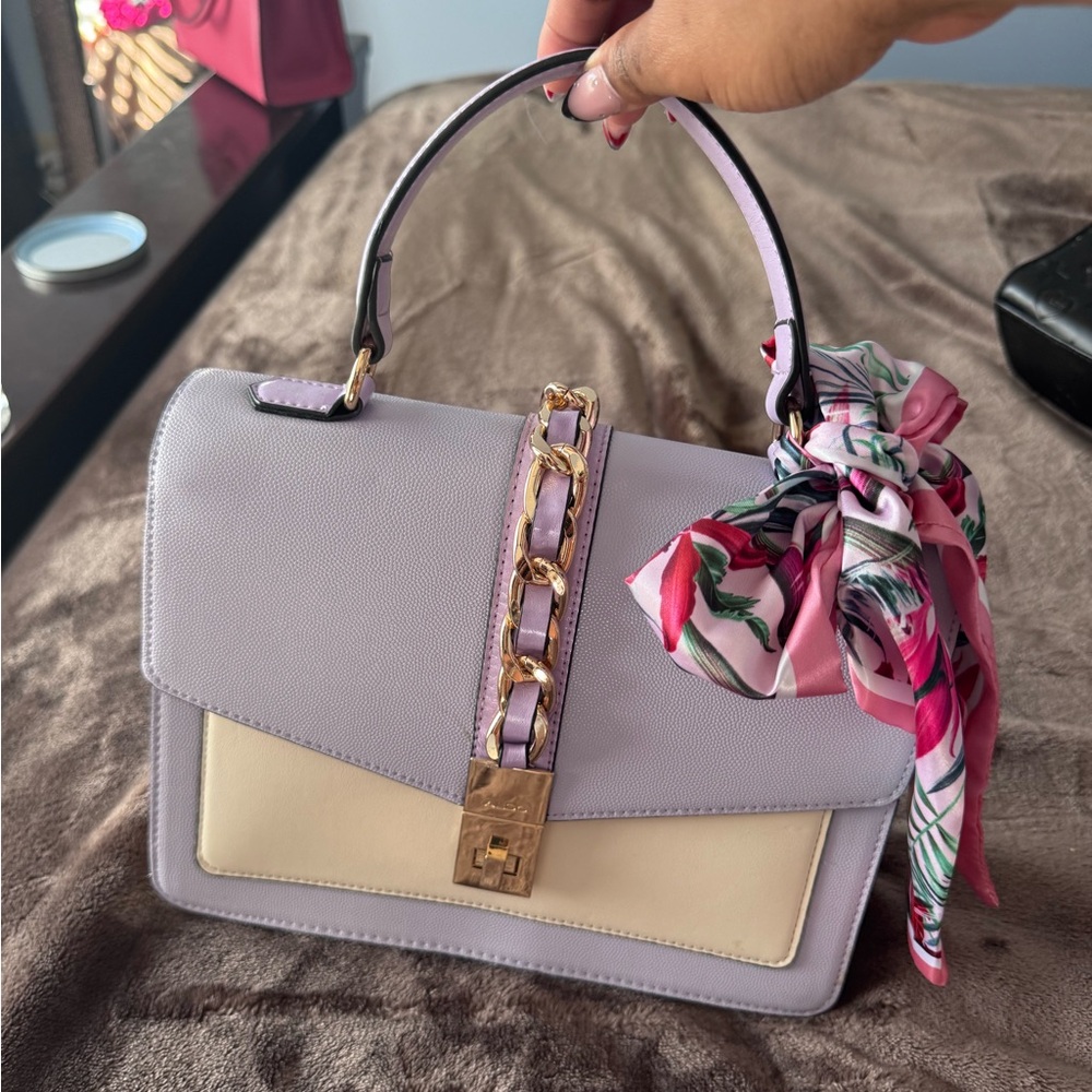 Aldo Lavender and Cream Satchel with Gold Chain